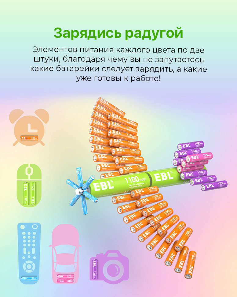 Комплект аккумуляторных батарей EBL Rainbow AAA 1100mAh (10шт) Комплект аккумуляторных батарей EBL Rainbow AAA 1100mAh (10шт)
