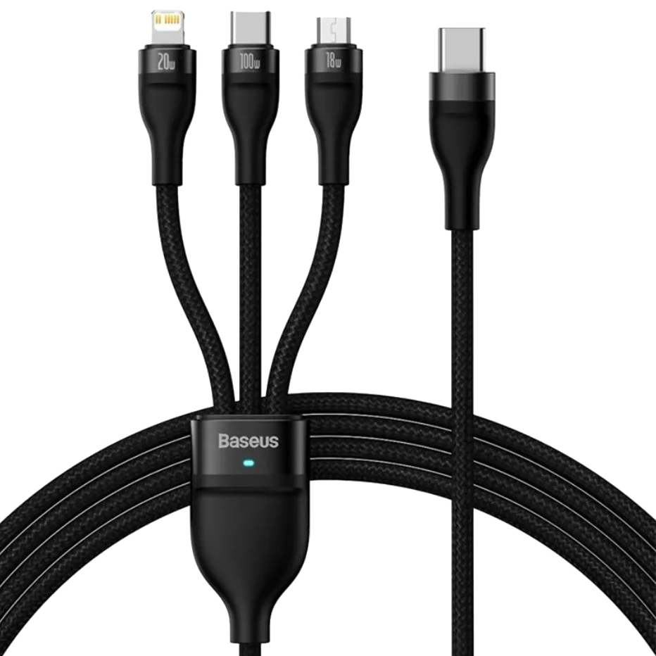 Кабель Baseus Flash Ⅱ One-for-three Type-C - M+L+C 100W 1.5м Чёрный Кабель Baseus Flash Ⅱ One-for-three Type-C - M+L+C 100W 1.5м Чёрный