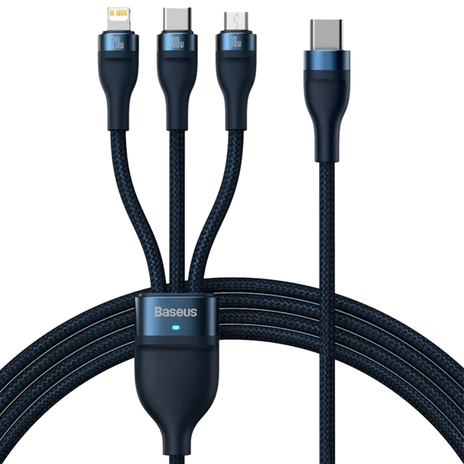 Кабель Baseus Flash Ⅱ One-for-three Type-C - M+L+C 100W 1.5м Синий Кабель Baseus Flash Ⅱ One-for-three Type-C - M+L+C 100W 1.5м Синий