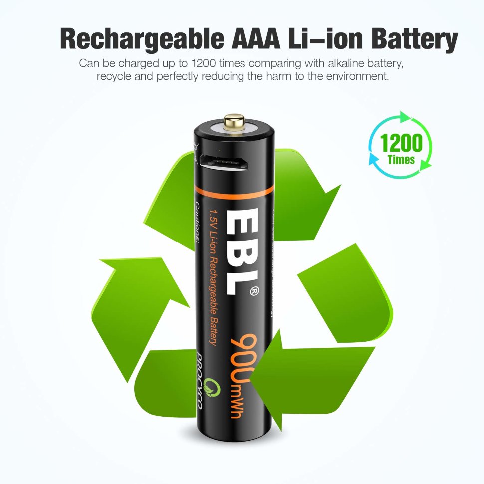 Комплект аккумуляторных батарей EBL USB Rechargeable AAA 1.5V 900mwh (4шт + зарядный кабель) Комплект аккумуляторных батарей EBL USB Rechargeable AAA 1.5V 900mwh (4шт + зарядный кабель)