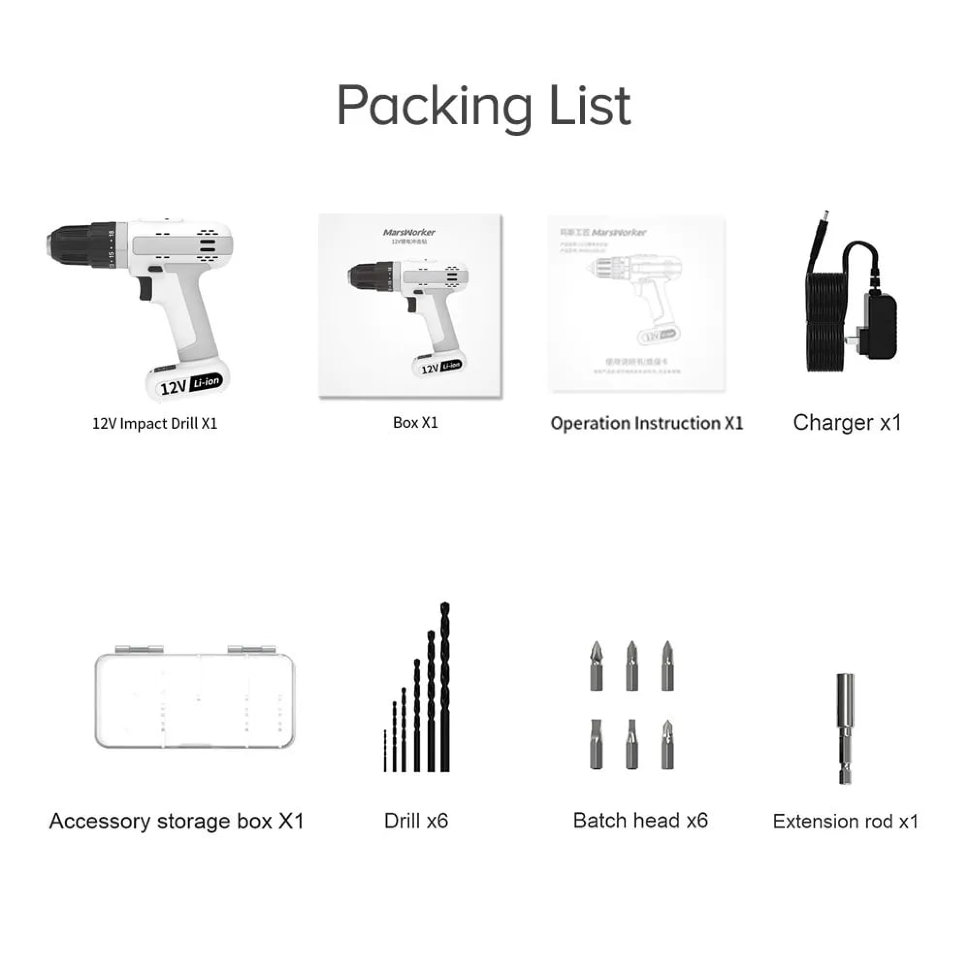 Аккумуляторная ударная дрель-шуруповерт MarsWorker 12V Lithium Impact Drill Белая Аккумуляторная ударная дрель-шуруповерт MarsWorker 12V Lithium Impact Drill Белая