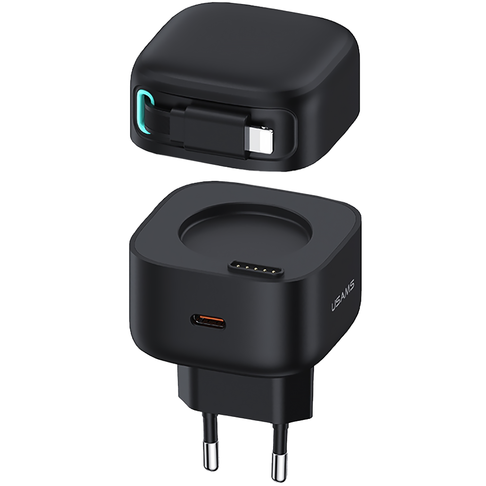 Сетевой адаптер Usams US-CC209 XMF PD35W GaN с телескопическим кабелем Lightning Чёрный Сетевой адаптер Usams US-CC209 XMF PD35W GaN с телескопическим кабелем Lightning Чёрный