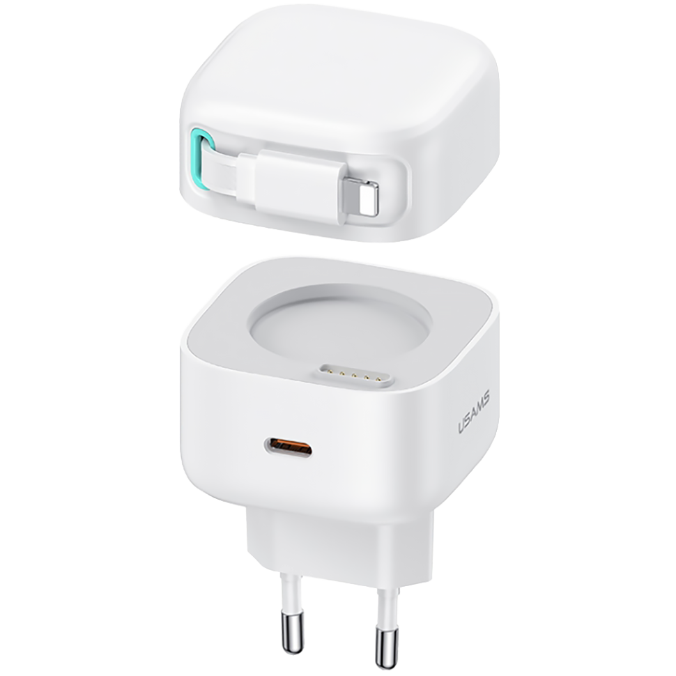 Сетевой адаптер Usams US-CC209 XMF PD35W GaN с телескопическим кабелем Lightning Белый Сетевой адаптер Usams US-CC209 XMF PD35W GaN с телескопическим кабелем Lightning Белый
