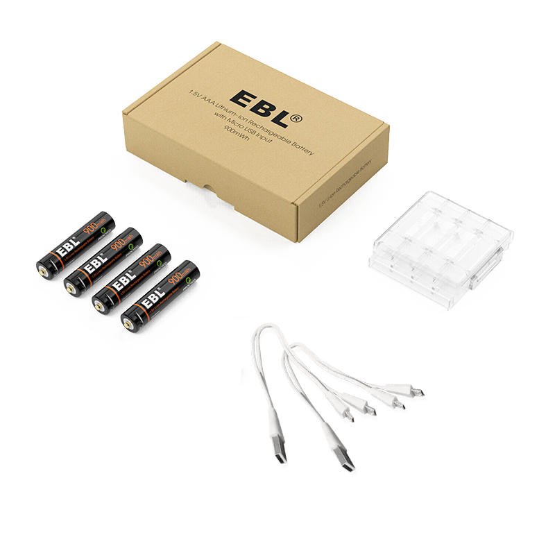 Комплект аккумуляторных батарей EBL USB Rechargeable AAA 1.5V 900mwh (4шт + зарядный кабель) Комплект аккумуляторных батарей EBL USB Rechargeable AAA 1.5V 900mwh (4шт + зарядный кабель)
