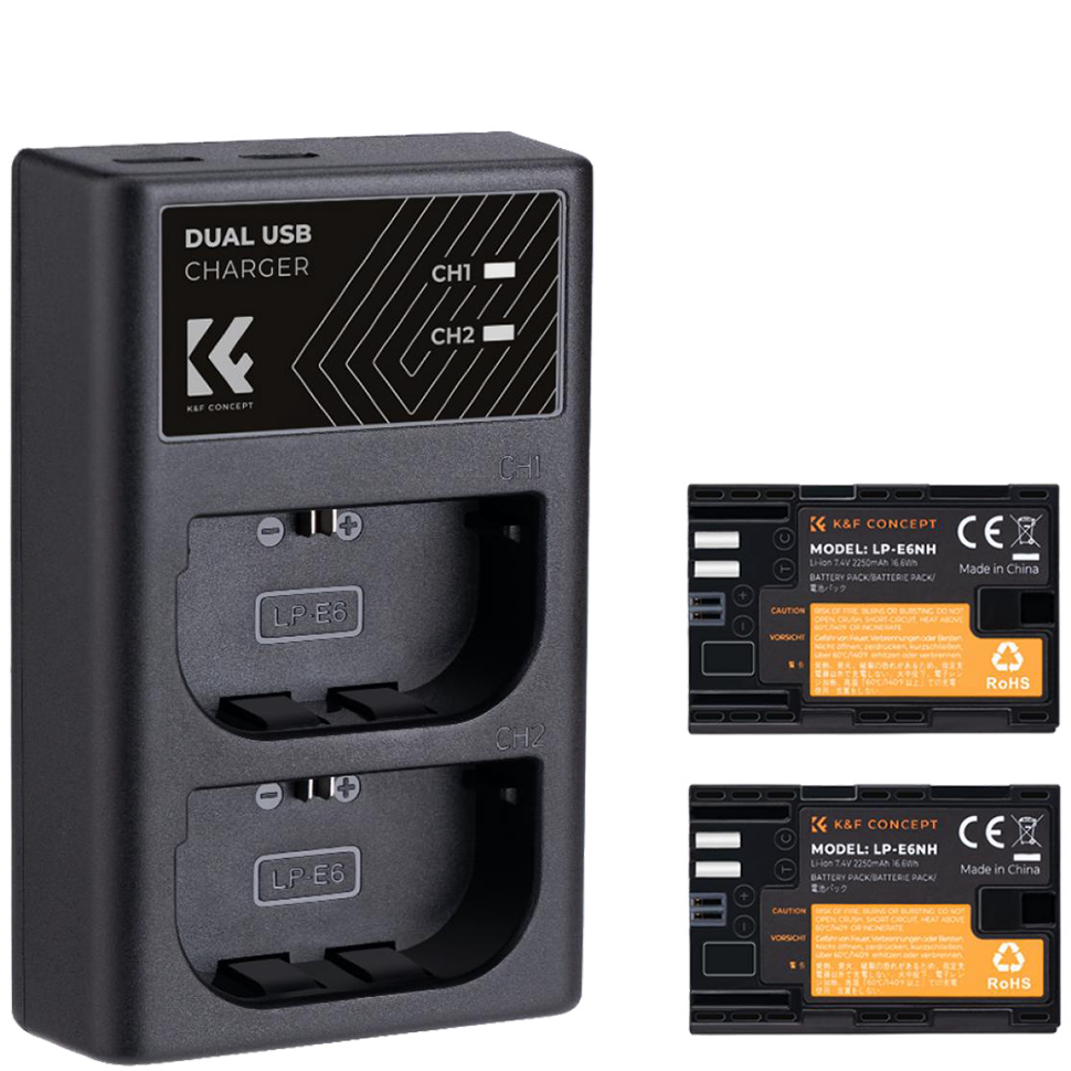 2 аккумулятора LP-E6NH + зарядное устройство K&F Concept KF28.0021 2 аккумулятора LP-E6NH + зарядное устройство K&F Concept KF28.0021