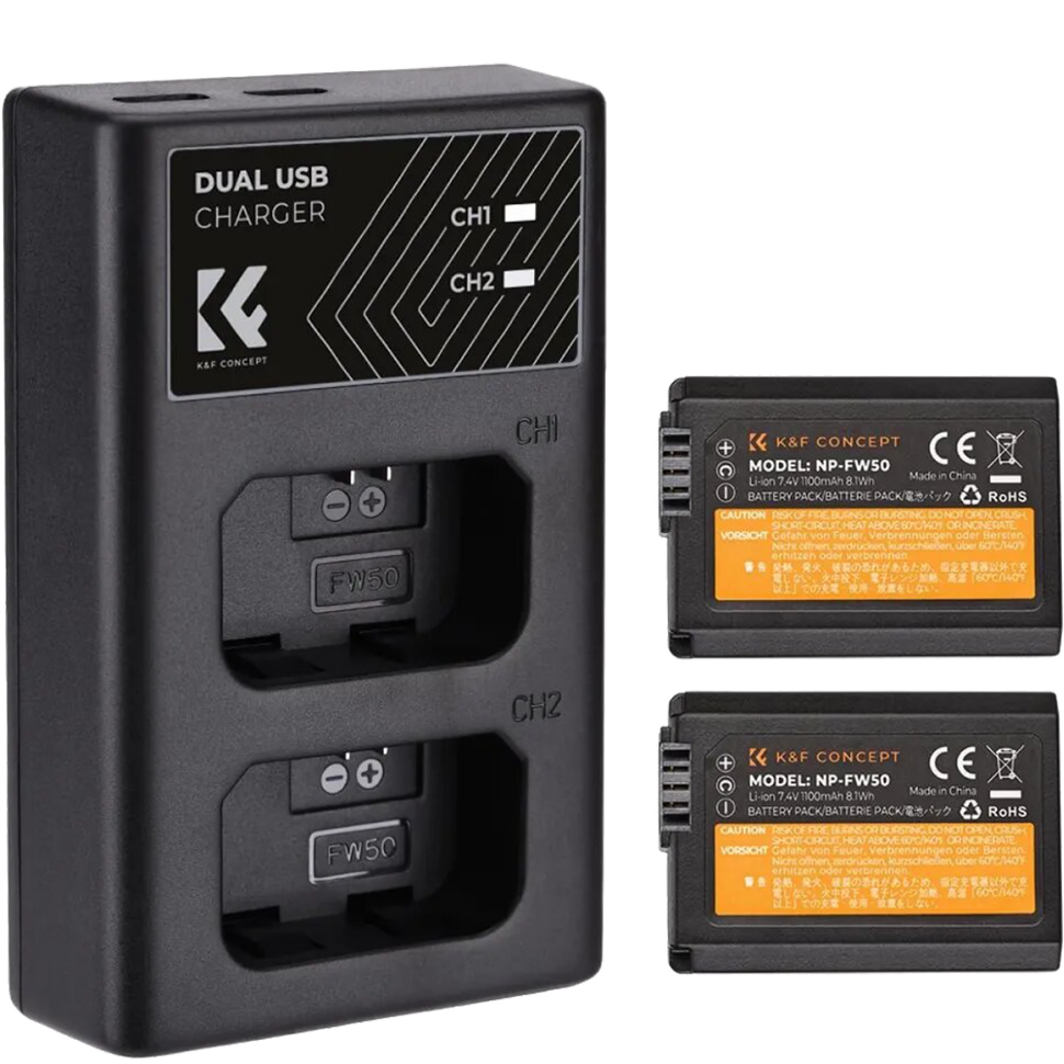 2 аккумулятора NP-FW50 + зарядное устройство K&F Concept KF28.0015 2 аккумулятора NP-FW50 + зарядное устройство K&F Concept KF28.0015
