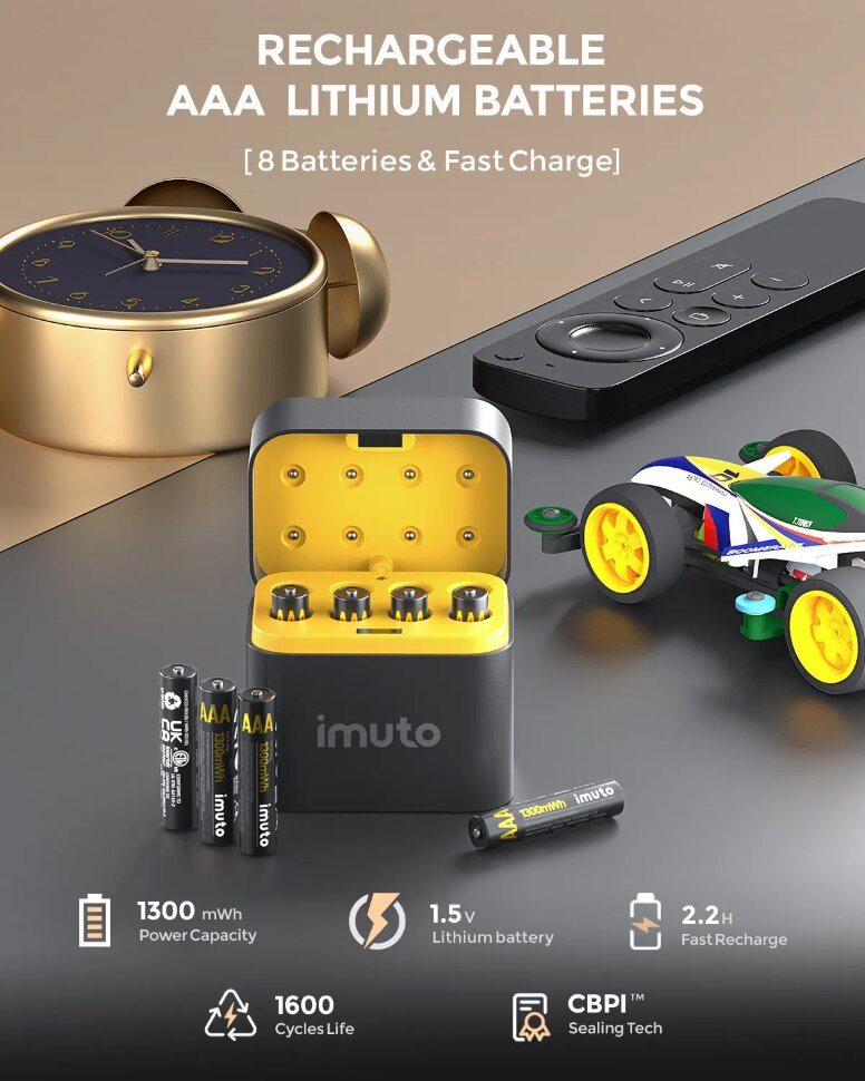 8 аккумуляторных батареек Imuto AAA 1300 mWh + зарядный кейс 8 аккумуляторных батареек Imuto AAA 1300 mWh + зарядный кейс