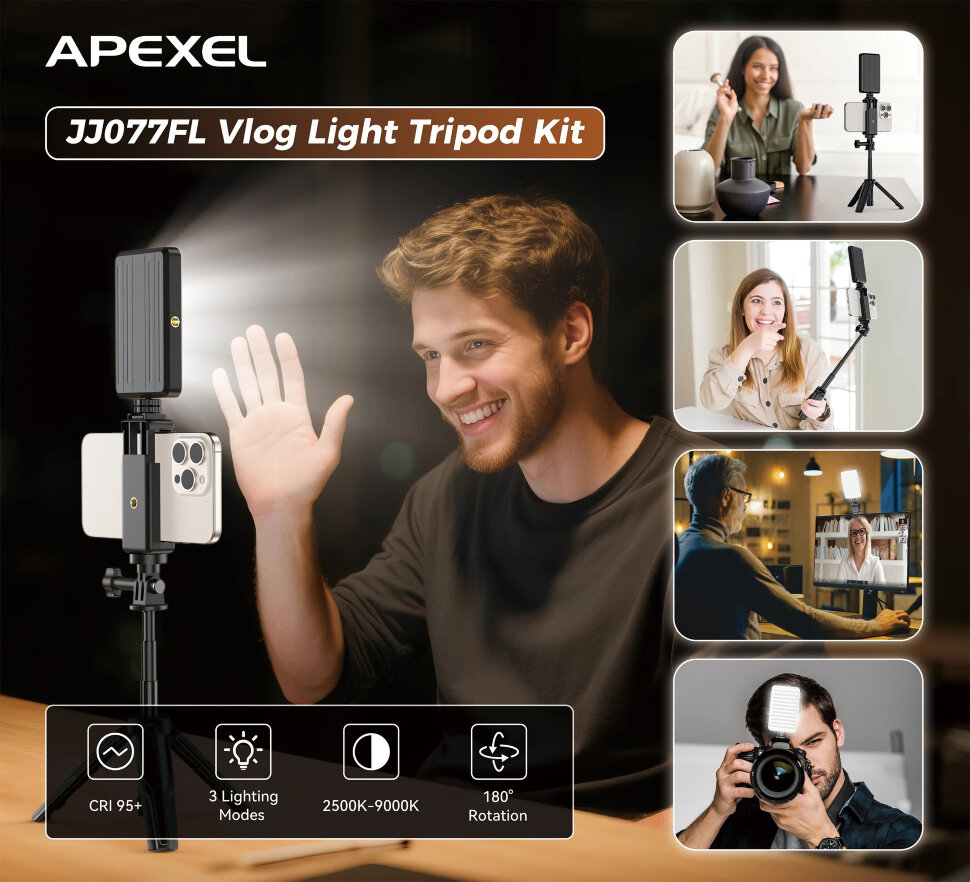 Осветитель с держателем смартфона Apexel JJ077FL Vlog Light Tripod Kit Осветитель с держателем смартфона Apexel JJ077FL Vlog Light Tripod Kit