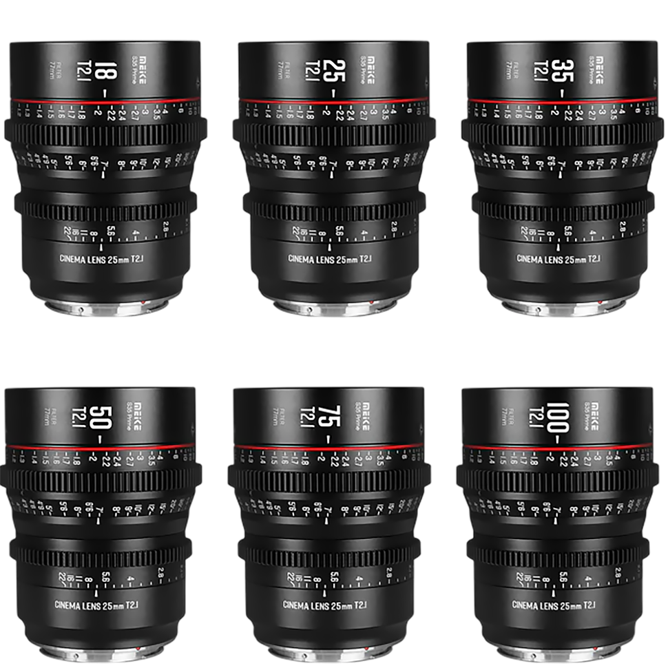 Комплект объективов Meike S35 Prime 12/18/25/35/50/75/100mm T2.1 PL-mount Комплект объективов Meike S35 Prime 12/18/25/35/50/75/100mm T2.1 PL-mount