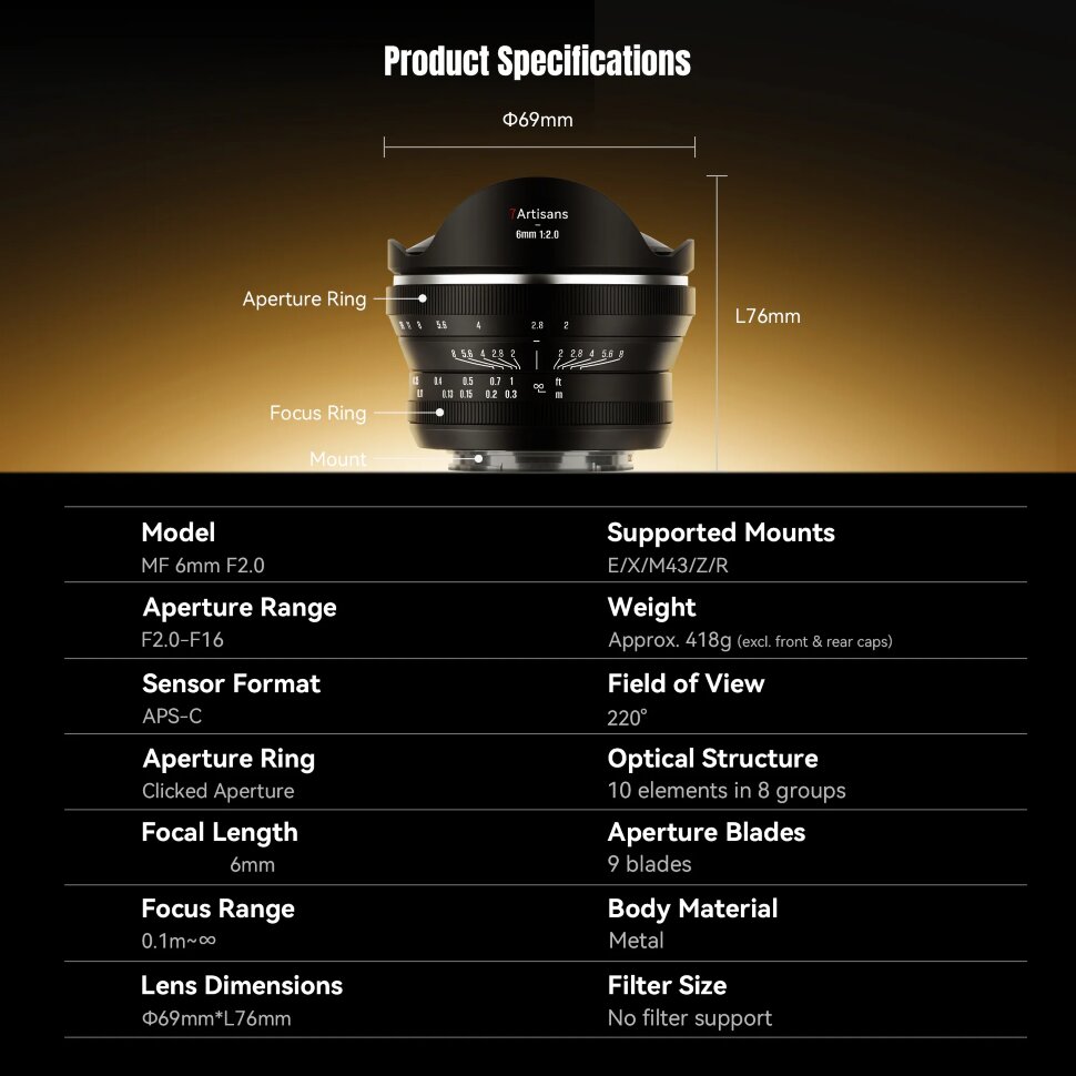 Объектив 7Artisans 6mm F2 Fisheye E-mount Объектив 7Artisans 6mm F2 Fisheye E-mount