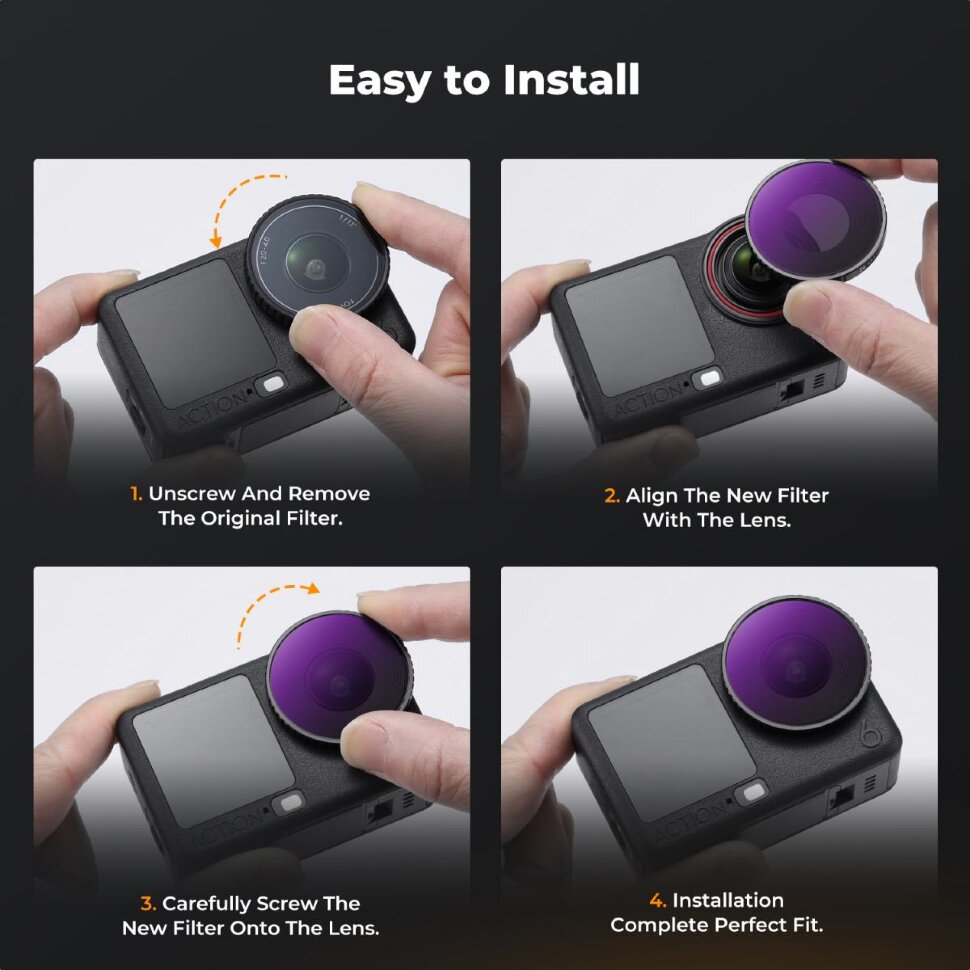 Комплект светофильтров K&F Concept Screw-in Fit CPL + ND для DJI Osmo Action 6 (4шт) Комплект светофильтров K&F Concept Screw-in Fit CPL + ND для DJI Osmo Action 6 (4шт)