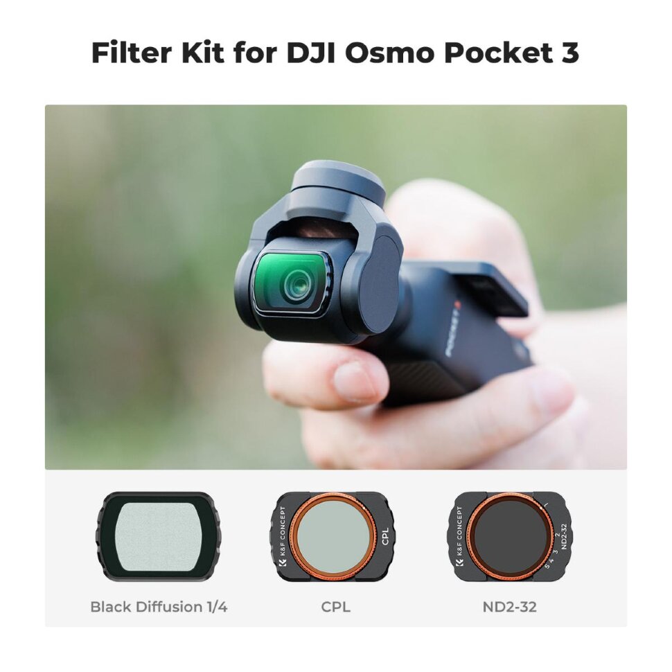 Комплект светофильтров K&F Concept CPL + Black Mist 1/4 + ND2-32 для DJI Osmo Pocket 3/4 (3шт) Комплект светофильтров K&F Concept CPL + Black Mist 1/4 + ND2-32 для DJI Osmo Pocket 3/4 (3шт)