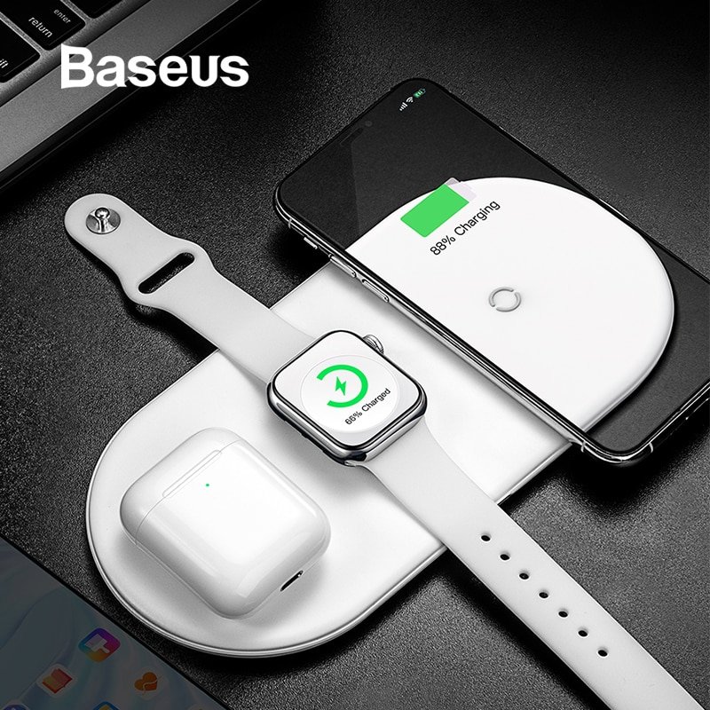 Беспроводная зарядка Baseus Smart 3in1 Phone+Watch+Pods (18W MAX) Белая Беспроводная зарядка Baseus Smart 3in1 Phone+Watch+Pods (18W MAX) Белая
