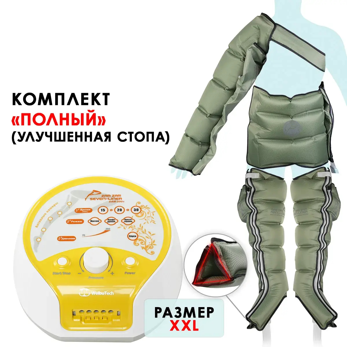 WelbuTech Seven Liner Zam-200 Аппарат для лимфодренажа, прессотерапии, массажа (полный комплект), размер XXL (новый тип стопы), (РУ)
