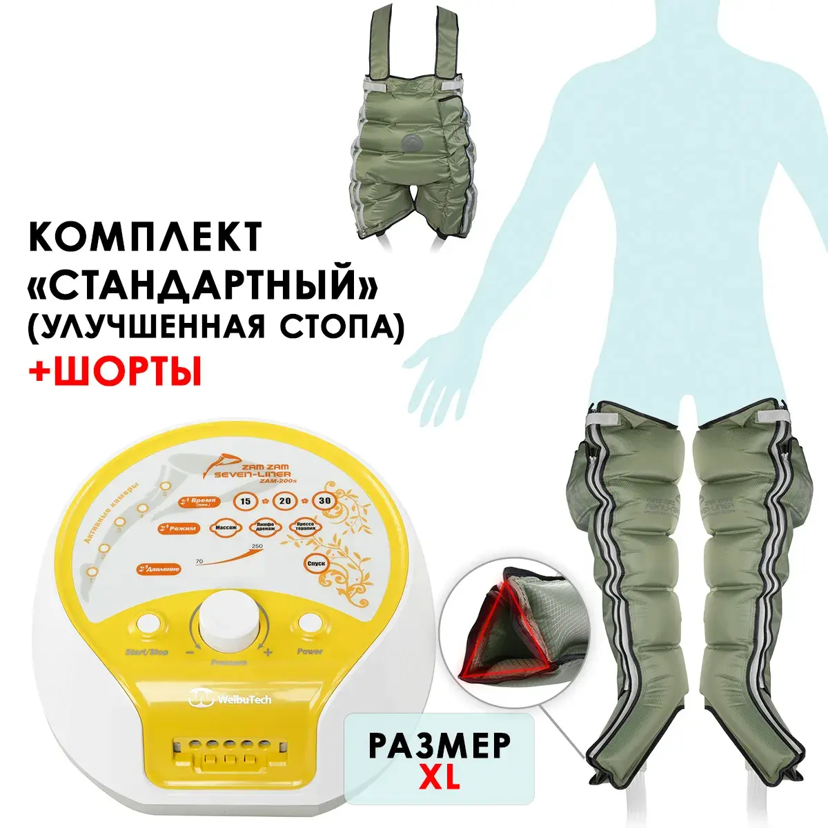 WelbuTech Seven Liner Zam-200 Аппарат для лимфодренажа, прессотерапии, массажа (манжеты для ног, новый тип стопы + шорты), размер XL, (РУ)