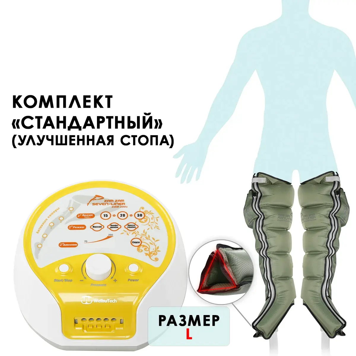 Аппарат для лимфодренажа WelbuTech Zam-200 – Стандартный комплект, размер L (новый тип стопы), (РУ)