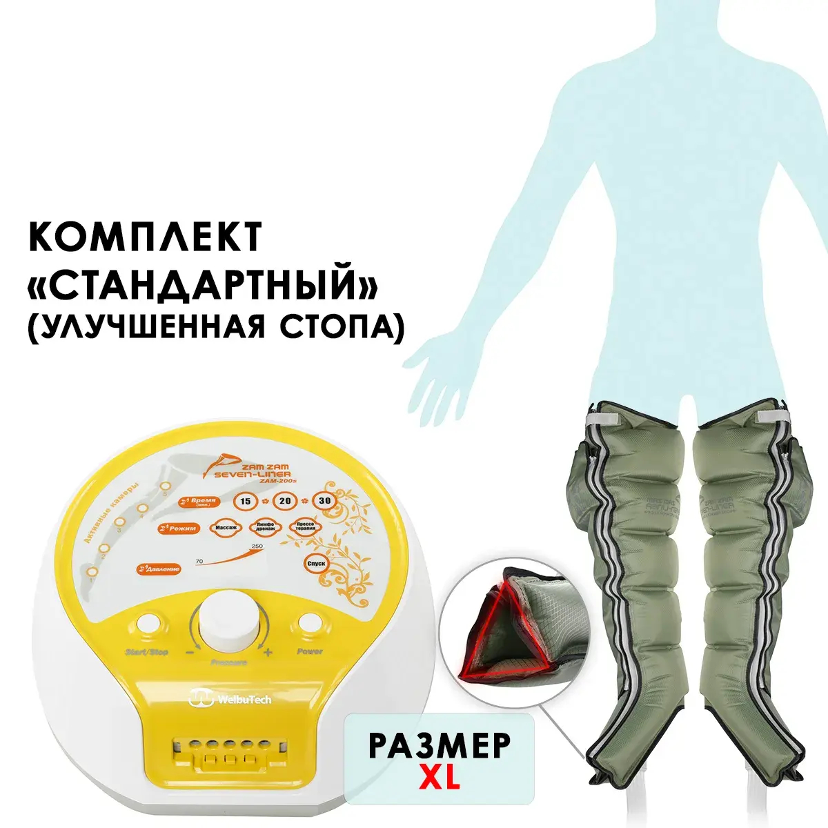Аппарат для лимфодренажа WelbuTech Zam-200 – Стандартный комплект, размер XL (новый тип стопы), (РУ)